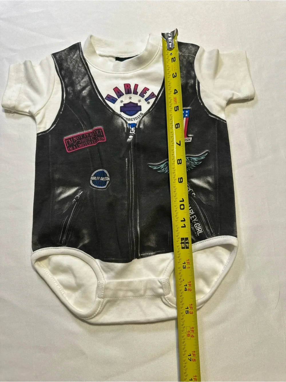 Harley-Davidson White Bodysuit with Black Faux Leather Vest Print onesie
